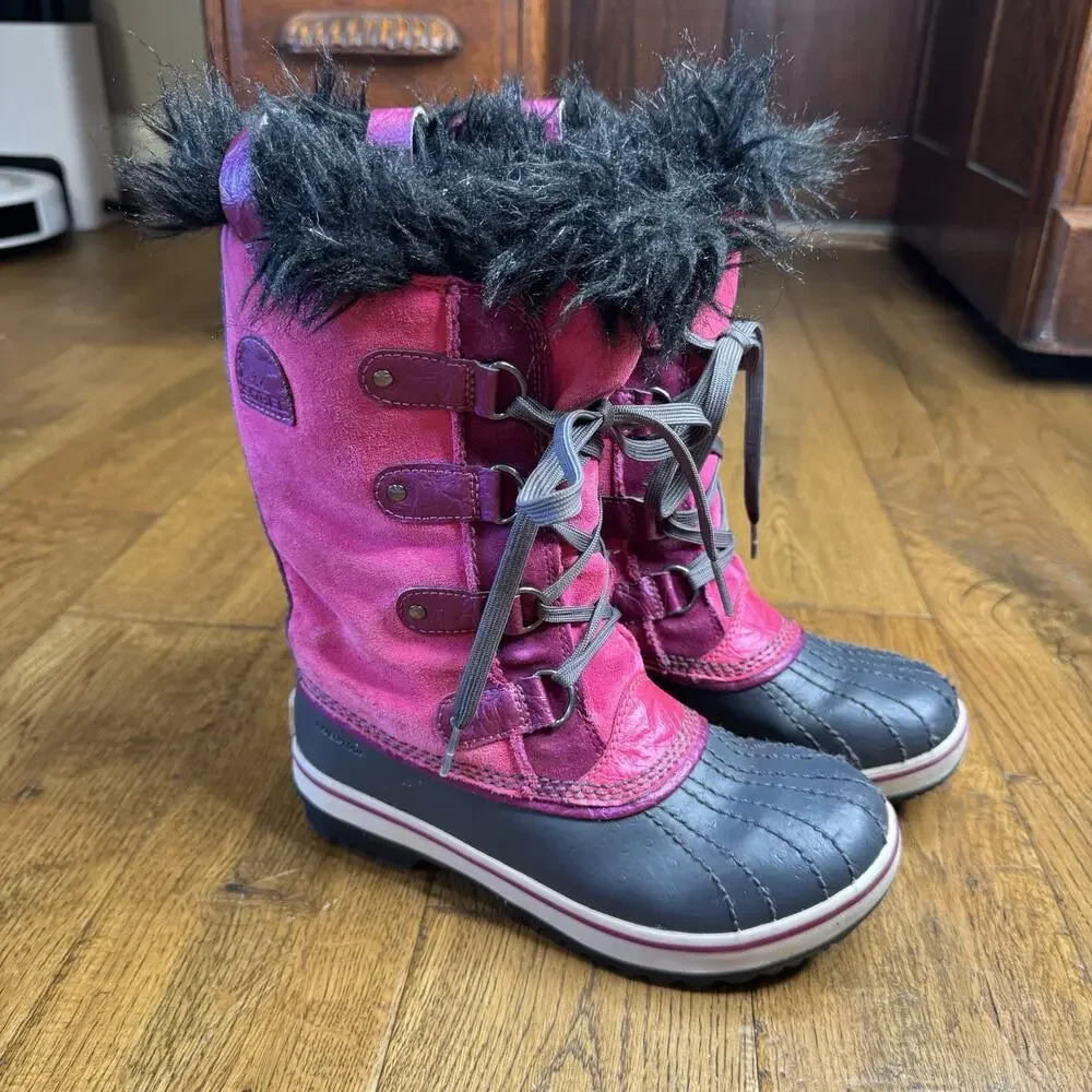 Girls Sorel Pink Suede Snow Boots Tofino Muck Funky Faux Fur Trim Size 3 Youth
